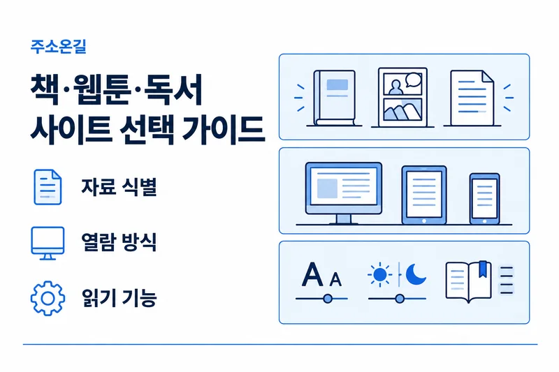 주소온길 책·웹툰·독서 선택 기준: 자료 식별, 열람 방식, 읽기 기능